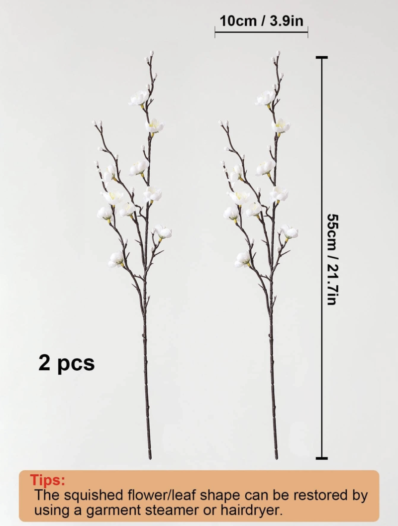 Artificial Flowers White Plum Blossom 21.7'' Fake Wintersweet Long Stem Plastic Flowers - Image 2